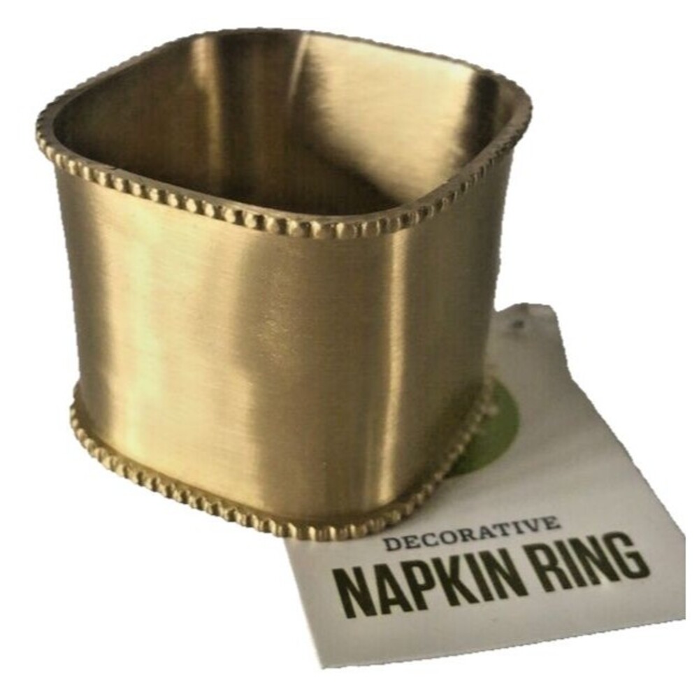 Food Network Napkin Rings Beaded Metal Square Brushed Gold Holiday Set of 6